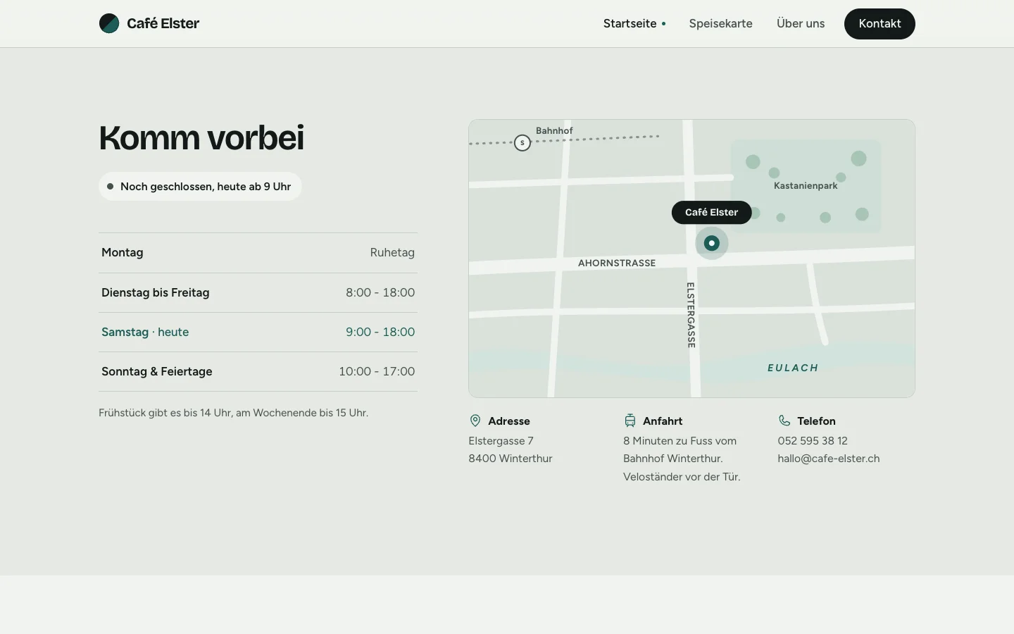 Bereich «Komm vorbei» mit Öffnungszeiten, Live-Status und gezeichnetem Lageplan