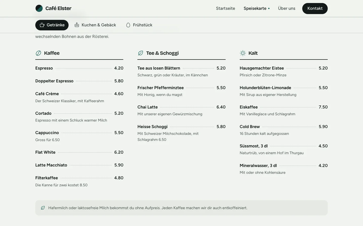Speisekarte von Café Elster mit Kaffee, Tee und Schoggi und kalten Getränken, Preise in Franken