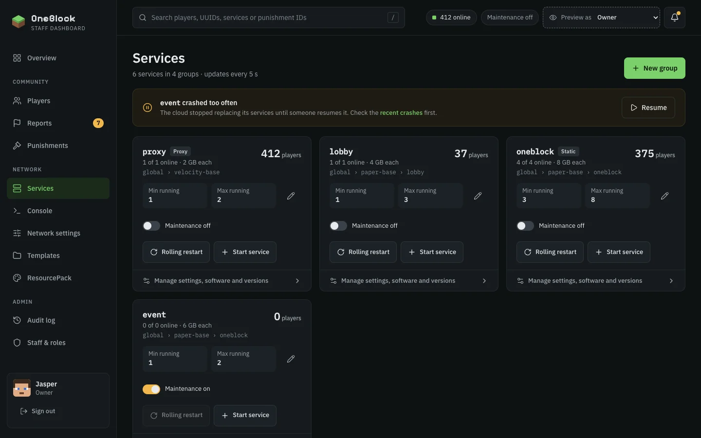 Seite mit Gruppen von Diensten, Auslastung und Buttons für Neustart und Wartungsmodus