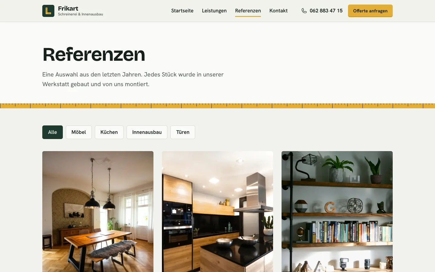 Referenzen-Seite mit Filtern für Möbel, Küchen, Innenausbau und Türen und einer Galerie mit Projektfotos